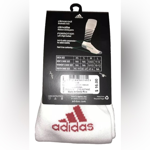 Adidas Team Speed OTC Soccer Socks 1 Pair Men 5-8.5 Women 5-9.5 White Red w Logo - Picture 4 of 7